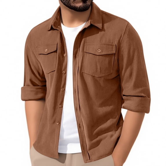 RYDCOT Mens Corduroy Shirts Jacket Button Down Long Sleeve Western Work Shirts Shackets with Flap Pocket Orange