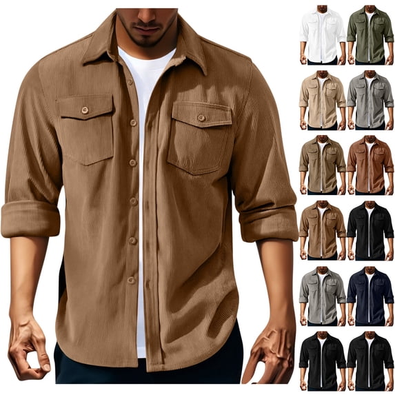 RYDCOT Mens Corduroy Shirts Jacket Button Down Long Sleeve Western Work Shirts Shackets with Flap Pocket White