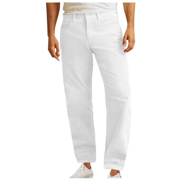 RYDCOT Mens Corduroy Straight Leg Pants - Classic Fit Stretch Expandable Waist Dress Pants Flat-Front Comfort Casual Slacks White