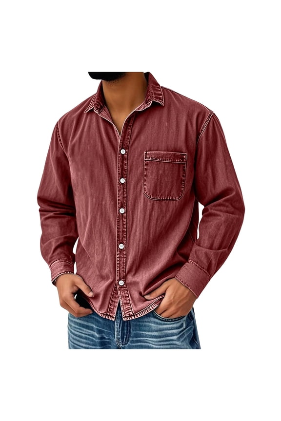 Mens Cotton Denim Shirt Jacket, Washed Ripped Distressed Flex Stretch Lapel Button Down Casual Vintage Trucker Biker Jeans Jacket with Chest Pocket Red