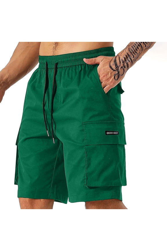 Mens Cotton Knit Athletic Gym Shorts | Work Out Jogger Elastic Waist Cargo Sweat Shorts with Drawstring & Pockets Green