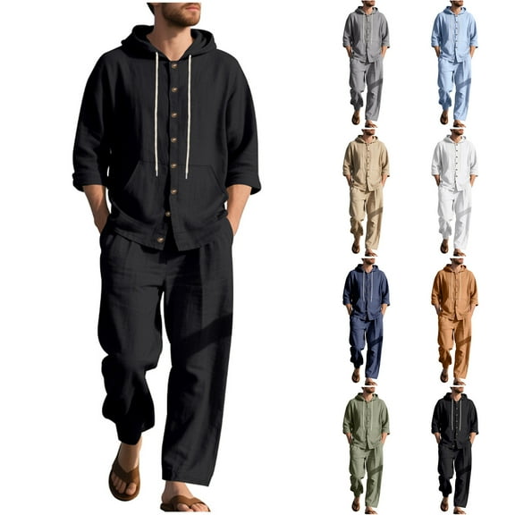 RYDCOT Mens Cotton Linen 2 Piece Outfits Hoodie Sweatshirt & Casual Joggers Sweatpants Beach Set with Pocket Yellow