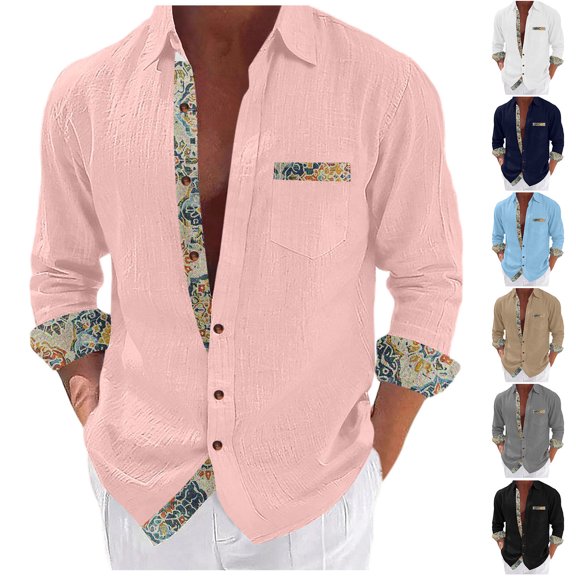 RYDCOT Mens Cotton Linen Casual Stylish Button Down Patchwork Printed Top Long Sleeve Shirts White