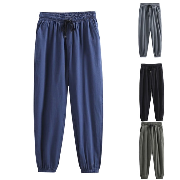 RYDCOT Mens Cotton Linen Pants Casual Elastic Waist Drawstring Lightweight Loose Fit Summer Beach Yoga Trousers Navy