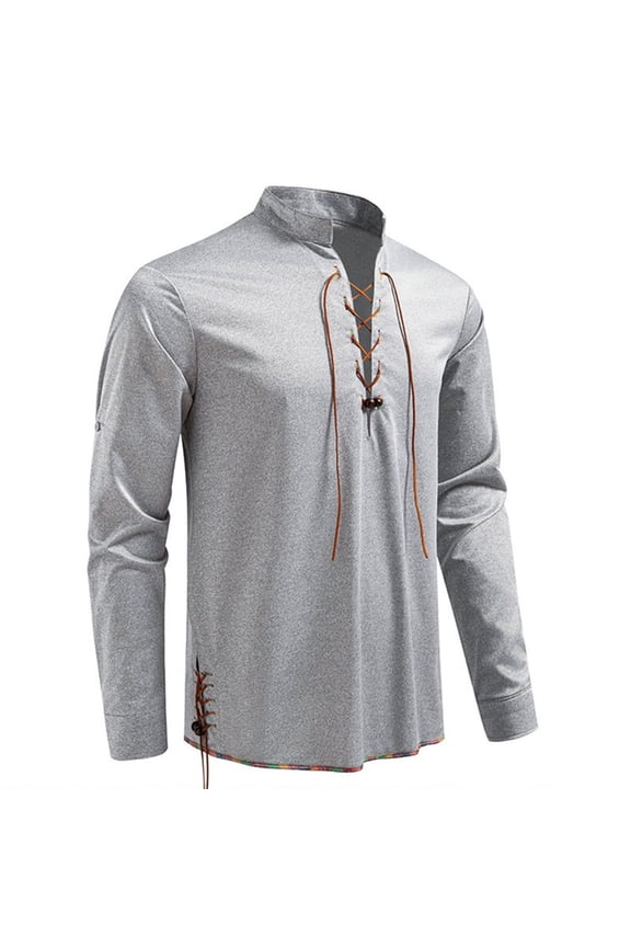 Mens Cotton Soft Pirate Dress Shirts Renaissance Viking Steampunk Medieval Lace up Long Sleeve Gothic Celtic Hippie Victorian Gray