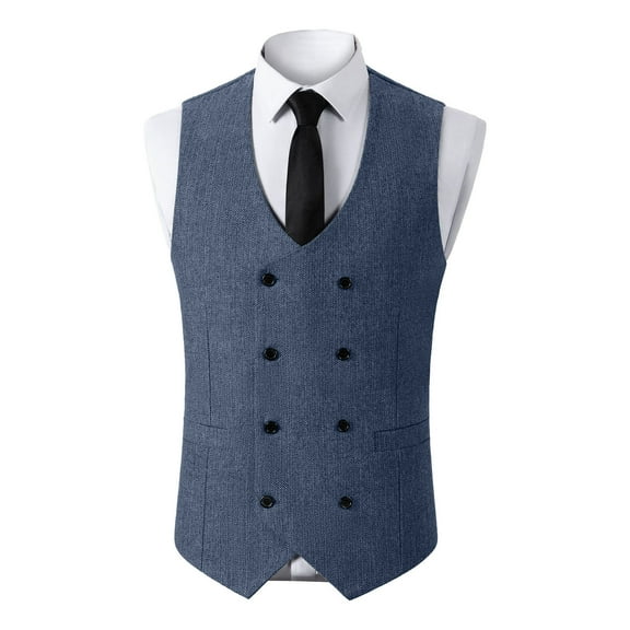 RYDCOT Mens Double-Breasted Suit Vest V-Neck Solid Color Sleeveless Outdoor Casual Vest Blue