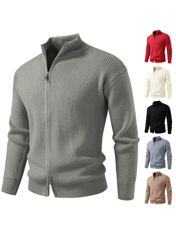 Mens Double Zipper Cardigan Sweater Casual Mock Neck Knitted Winter Fashion Solid Color Sweaters Red
