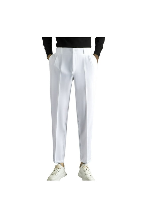Mens Elastic Waist Business Straight Suit Pants High Stretch Expandable Waist Slacks with Button White