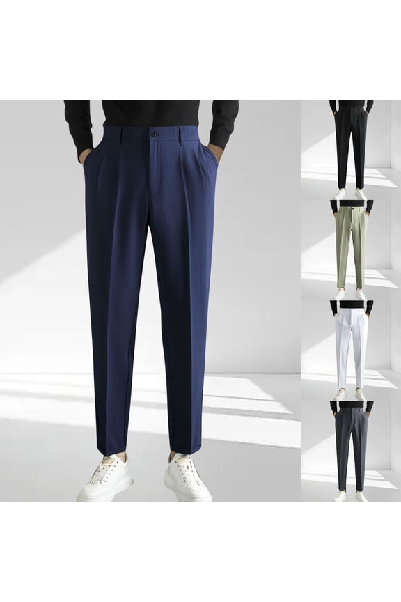 Mens Elastic Waist Business Straight Suit Pants High Stretch Expandable Waist Slacks with Button White