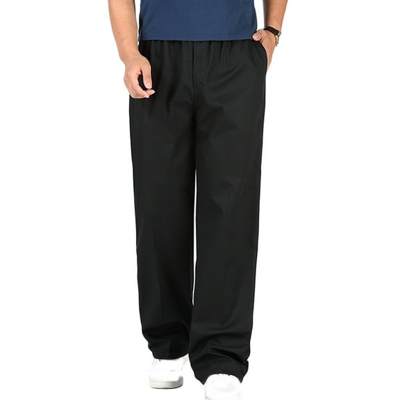 RYDCOT Mens Elastic Waist Pants - Loose Fit Stretch Waist Pull on Cotton Casual Straight Leg Pants Black