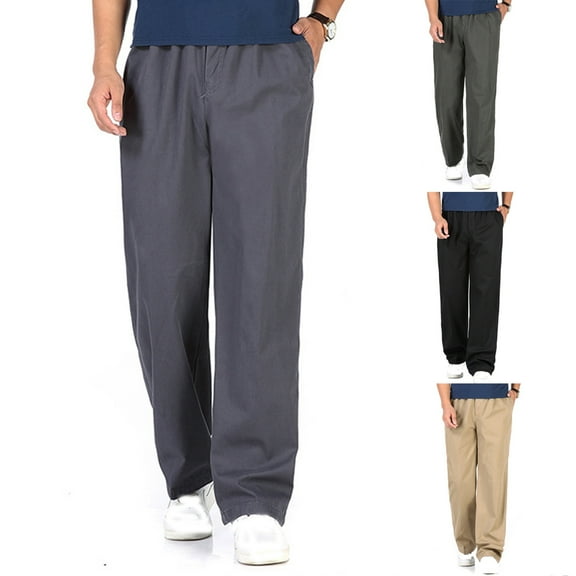 RYDCOT Mens Elastic Waist Pants - Loose Fit Stretch Waist Pull on Cotton Casual Straight Leg Pants Yellow