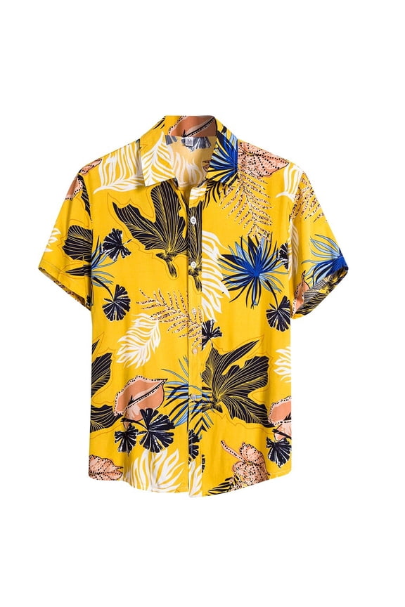 Mens Ethnic Short Sleeve Casual Printing Hawaiian Shirt Blouse T-shirt Yellow XL
