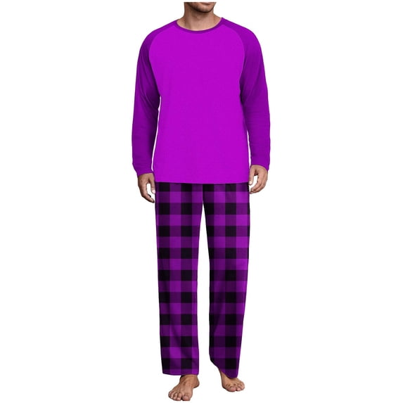 RYDCOT Mens Flannel Pajamas Set, Jersey Cotton Long Sleeve Top & Plaid Pants Flannel Pjs Sets Purple