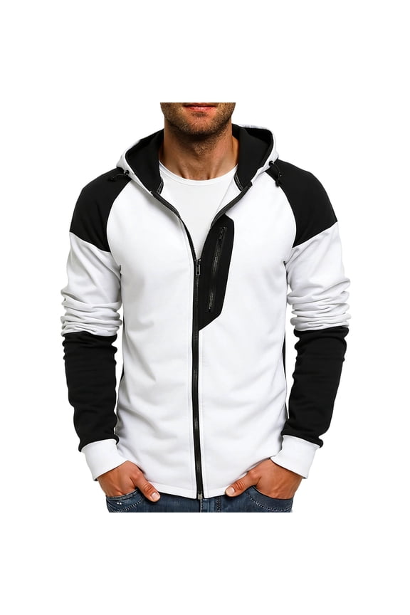 Mens Fleece Jackets Contrast Hoodies Full Zip up Lightweight Sweatshirt Color Block Fall Winter Jacket Coats White