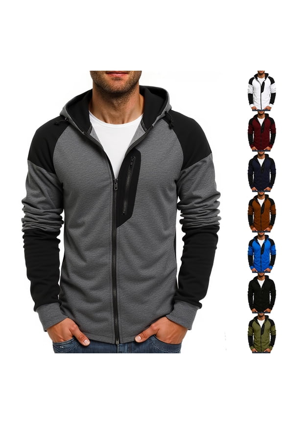 Mens Fleece Jackets Contrast Hoodies Full Zip up Lightweight Sweatshirt Color Block Fall Winter Jacket Coats White