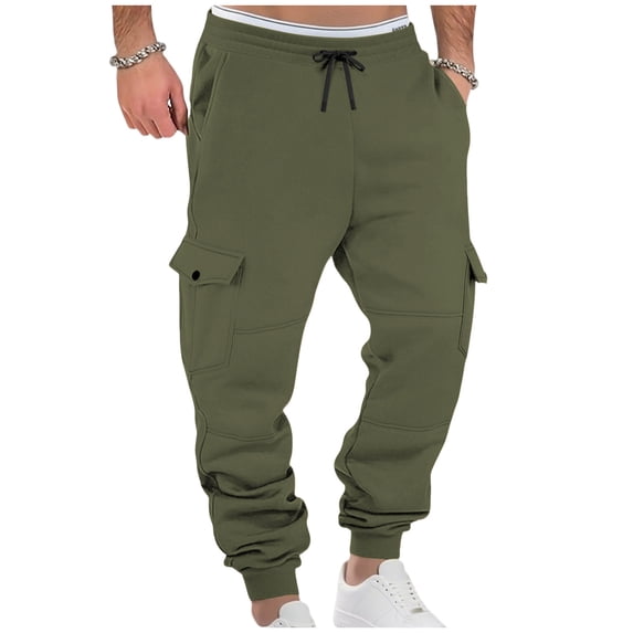 RYDCOT Mens Fleece Lined Cargo Sweatpants Warm Winter Athletic Jogger Pants with Muti Pockets Elastic Waist Drawstring Outdoor Trousers Army Green