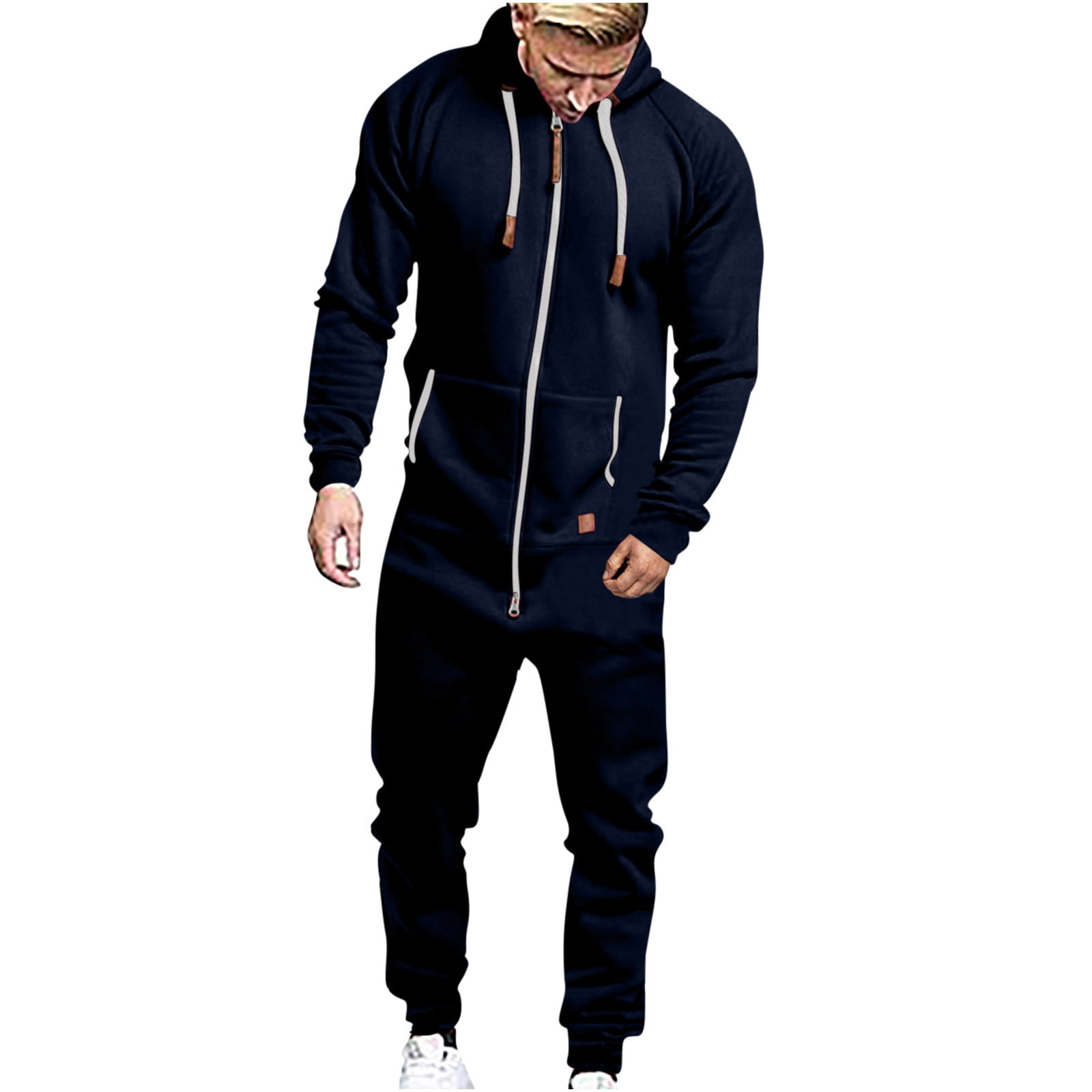 RYDCOT Mens Fleece Lined Hooded Jumpsuit Insulated Zip up One Piece Pajamas Onesie Playsuit Jogger Sweatsuit Tracksuit Overall Romper with Pockets Navy
