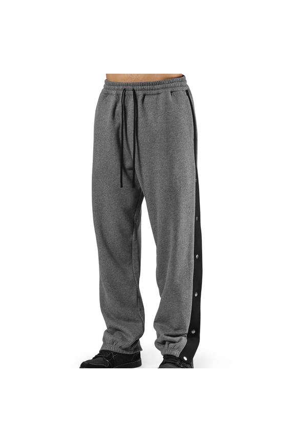 Mens Fleece Tear Away Pants Loose Fit Post Knee Replacement Surgery Pants Breakaway Sweatpants Side Snap Button Athletic Jogger Basketball Cotton Pants with Pockets Dark Gray