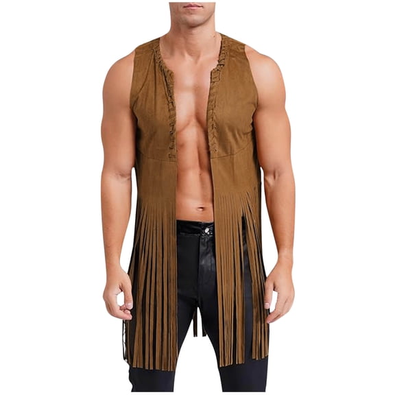 RYDCOT Mens Fringe Vest 70s Hippie Costume Faux Suede Sleeveless Tassel Long Cardigan Jacket Cowboy Western Tops Khaki