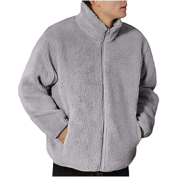RYDCOT Mens Fuzzy Sherpa Jacket Casual Fleece Full Zip Stand Collar Coat Fall Winter Warm Outwear Gray