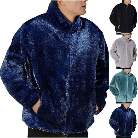 RYDCOT Mens Fuzzy Sherpa Jacket Casual Fleece Full Zip Stand Collar Coat Fall Winter Warm Outwear Sky Blue