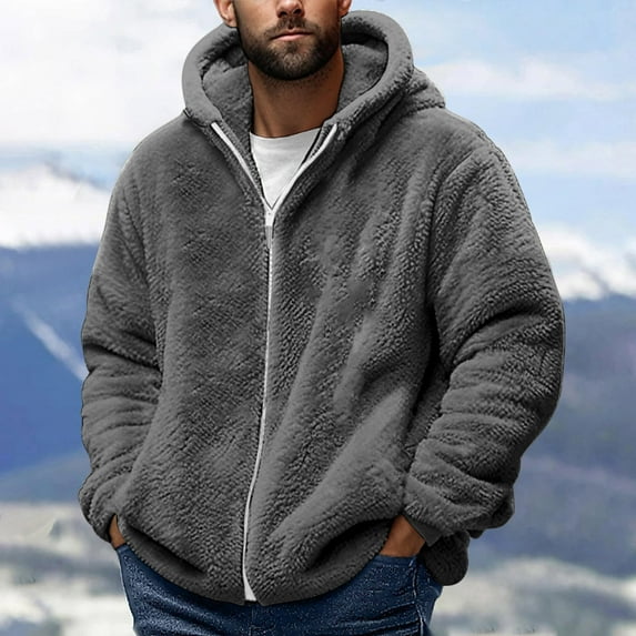 RYDCOT Mens Fuzzy Sherpa Jacket Fleece Athletic Hoodie Long Sleeve Full-Zip Hooded Sweatshirt Casual Warm Fall and Winter Jacket Coats Fashion Dark Gray,M