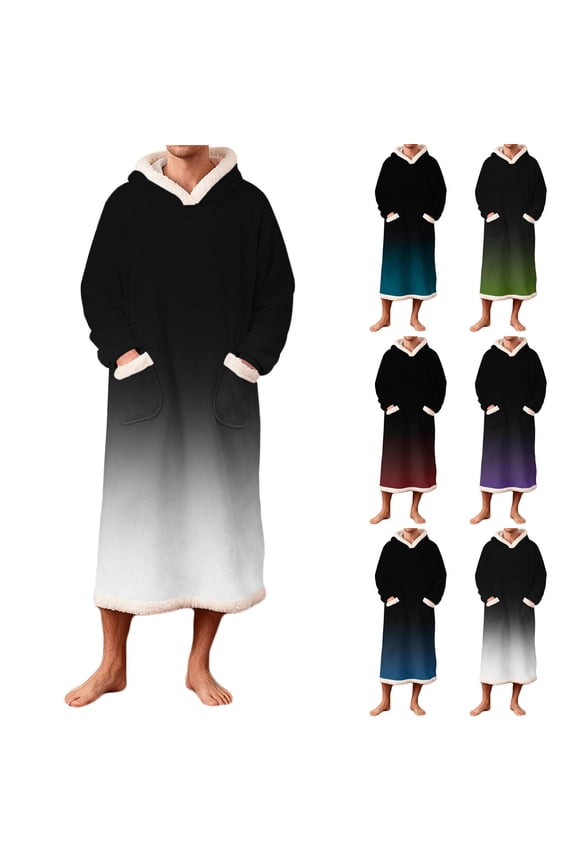 Mens Gradient Flannel Hooded Plush Pullover Robe: Fluffy Long Spa Bathrobe Fleece Warm Shower Bath Robes with Pocket House Coat for Winter Gifts White