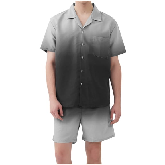 RYDCOT Mens Gradient Pajama Set Short Sleeve Shorts 2 PCS Sleepwear Button Down Soft Loungewear Set Pj Set with Pockets Gray