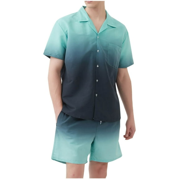 RYDCOT Mens Gradient Pajama Set Short Sleeve Shorts 2 PCS Sleepwear Button Down Soft Loungewear Set Pj Set with Pockets Green