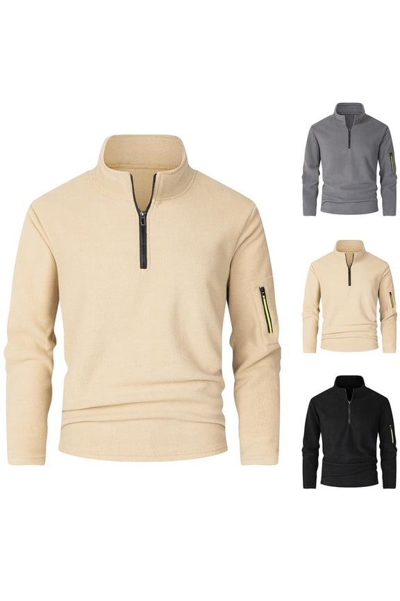 Mens Half Zip Sweatshirt Long Sleeve Shirt for Men Fall and Winter Solid Color Polar Fleece Long Sleeved Top Khaki