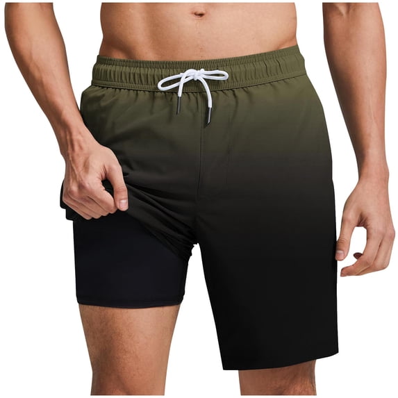 RYDCOT Mens Hawaiian Gradient Printed Swim Trunks with Compression Liner 2 in 1 Board Shorts 9 Inch Quick Dry Swimming Trunks with Pockets Army Green