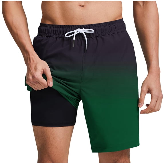 RYDCOT Mens Hawaiian Gradient Printed Swim Trunks with Compression Liner 2 in 1 Board Shorts 9 Inch Quick Dry Swimming Trunks with Pockets Green