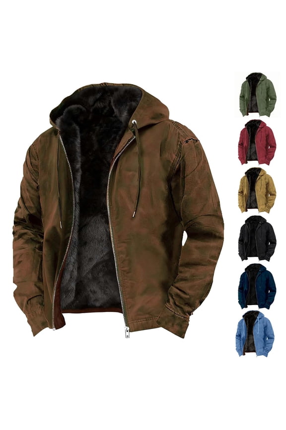 Mens Heavyweight Winter Hoodie Jacket Winter Work Jackets Full Zip Sherpa Fleece Fluffy Lined Big and Tall thermal Jackets for Men with Pockets Retro Streetwear Red