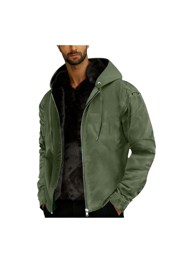 Mens Heavyweight Winter Hoodie Jacket Winter Work Jackets Full Zip Sherpa Fleece Fluffy Lined Big and Tall thermal Jackets for Men with Pockets Retro Streetwear Green