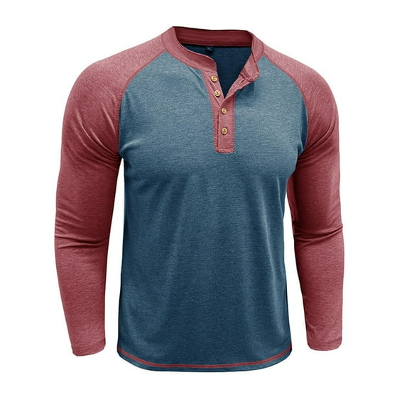 RYDCOT Mens Henley Shirts Raglan Long Sleeve Casual T-Shirts Color Block Button Shirt Vintage Tops Blue