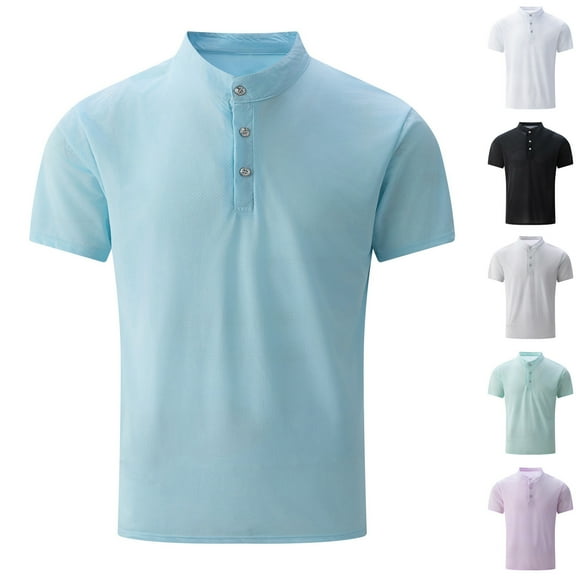 RYDCOT Mens Henley Shirts Short Sleeve Cotton Casual Breathable Summer Basic T-Shirts 3 Button Round Neck Solid Collarless Shirts for Work White