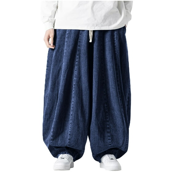 RYDCOT Mens Hip Hop Jeans Fashion Solid Color Oversized Harem Pants Casual Comfy Elastic Drawstring Baggy Trouser Dark Blue
