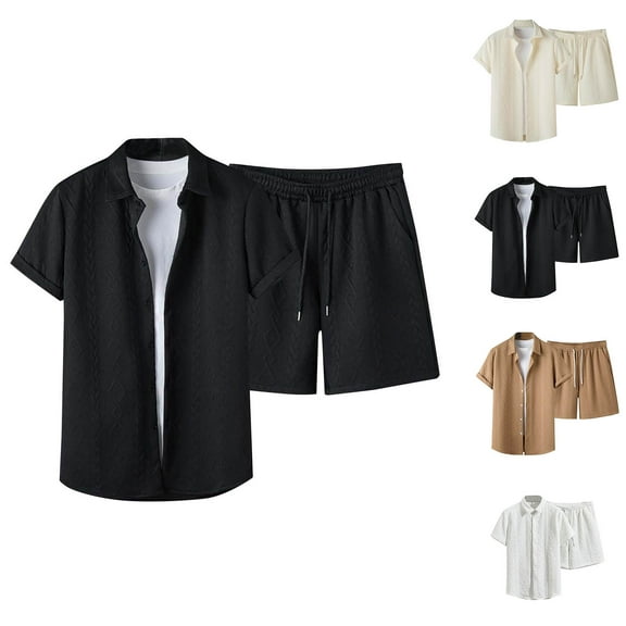 RYDCOT Mens Knitted Pattern Tracksuit 2 Piece Outfits Short Sleeve Lapel Button Down Shirt and Shorts Sets Casual Sweatsuits White