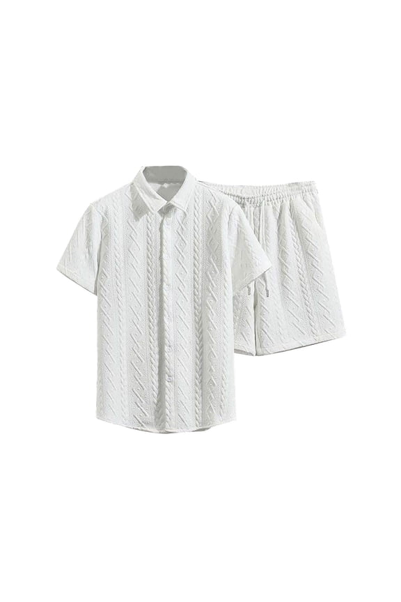 Mens Knitted Pattern Tracksuit 2 Piece Outfits Short Sleeve Lapel Button Down Shirt and Shorts Sets Casual Sweatsuits White