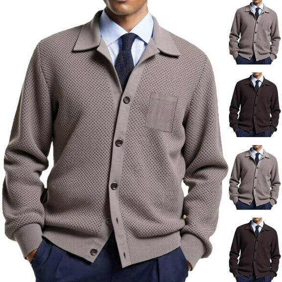 RYDCOT Mens Lapel Collar Cardigan Sweater Knitted Button Sweaters Fall Winter Warm Knitted Cardigan Khaki XL(XL)