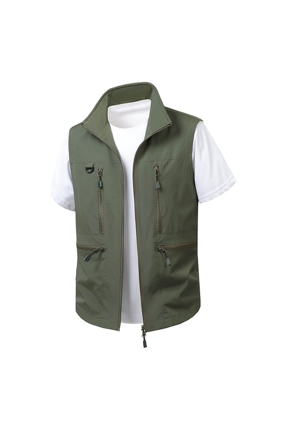 Mens Large Size Casual Lightweight Travel Vest Summer Utility Sai Vest Multi Pockets Cargo Outdoor Sleeveless Jackets for Travel Hiking Fishing Army Green