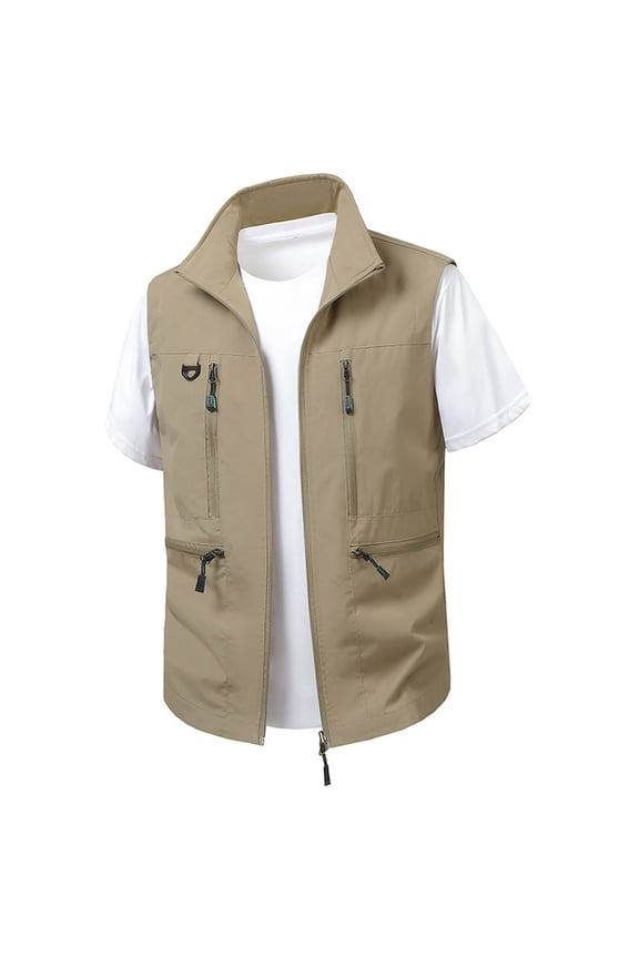 Mens Large Size Casual Lightweight Travel Vest Summer Utility Sai Vest Multi Pockets Cargo Outdoor Sleeveless Jackets for Travel Hiking Fishing Khaki