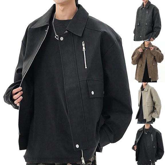 RYDCOT Mens Leather Jacket Motorcycle Black Biker Jackets Vintage Faux Leather Outwear Casual Lightweight Lapel Bomber Jacket with Zipper Pockets Khaki