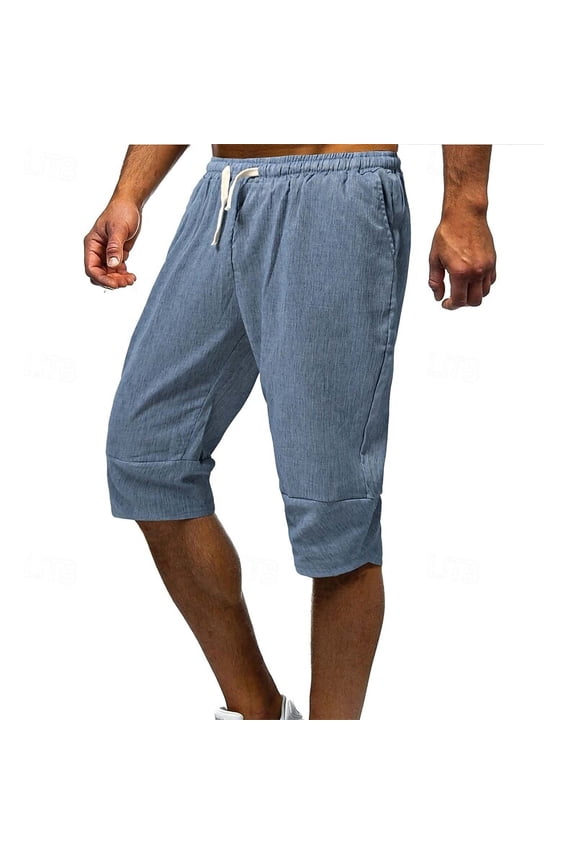 Mens Linen Harem Capri Pants Elastic Waist Drawstring 3/4 Shorts Casual Beach Yoga Hippie Thai Pants Blue