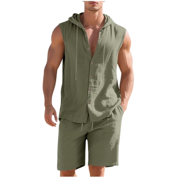 RYDCOT Mens Linen Sets 2 Piece Outfits Sleeveless Hooded Button Down Shirt and Shorts Set Vacation Outfit for Men Summer Beach Suits Army Green