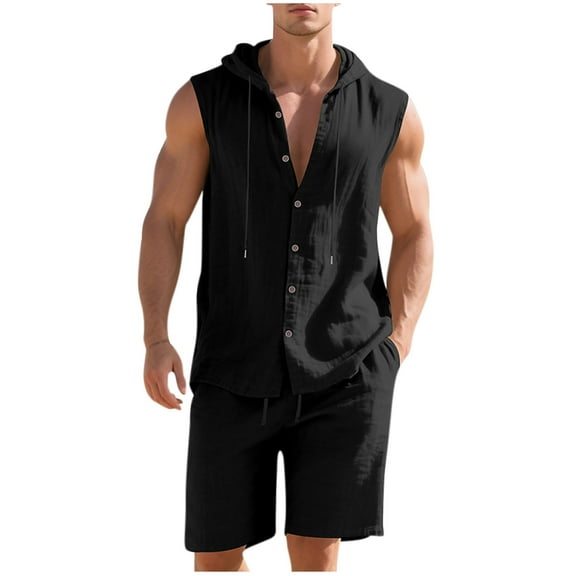 RYDCOT Mens Linen Sets 2 Piece Outfits Sleeveless Hooded Button Down Shirt and Shorts Set Vacation Outfit for Men Summer Beach Suits Black