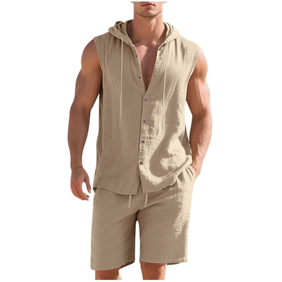 RYDCOT Mens Linen Sets 2 Piece Outfits Sleeveless Hooded Button Down Shirt and Shorts Set Vacation Outfit for Men Summer Beach Suits Khaki
