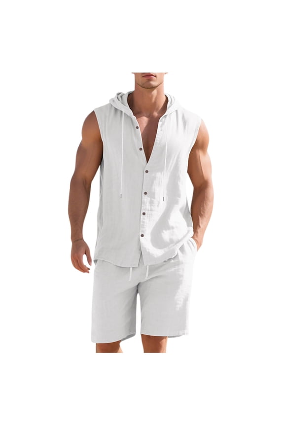 Mens Linen Sets 2 Piece Outfits Sleeveless Hooded Button Down Shirt and Shorts Set Vacation Outfit for Men Summer Beach Suits White