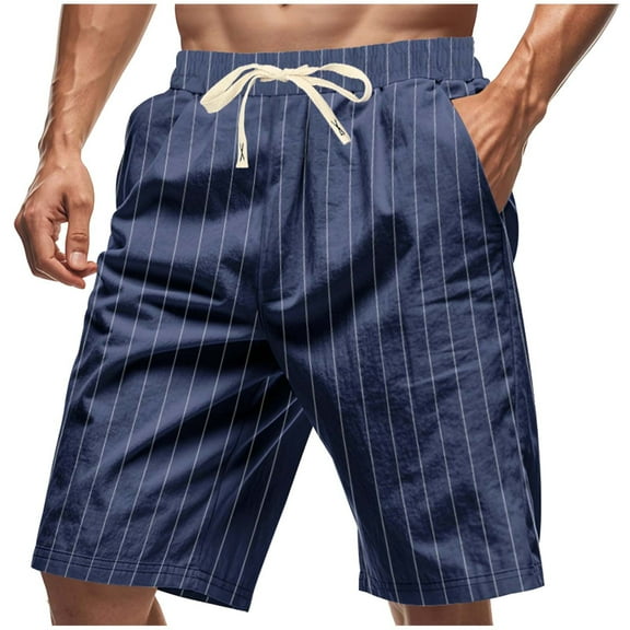 RYDCOT Mens Linen Striped Print Shorts Casual Drawstring Elastic Waist Lightweight Summer Beach Shorts with Pockets Navy