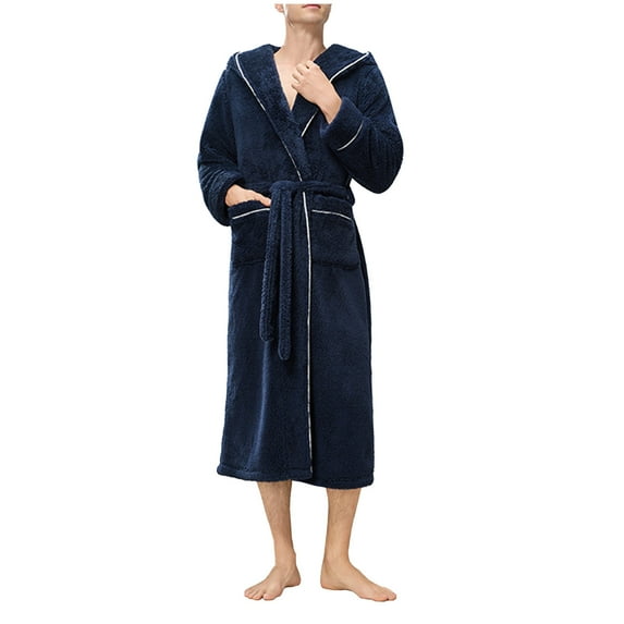 RYDCOT Mens Long Robes with Hood Full Length Hooded Bathrobe Long Sleeve Housecoat Nightgown Navy